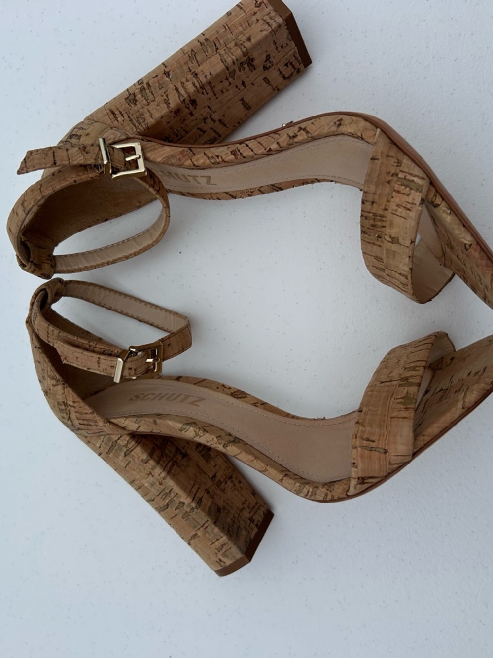 SCHUTZ Cork Ankle-Strap Block Heels in Natural Cork - Picture 5 of 10